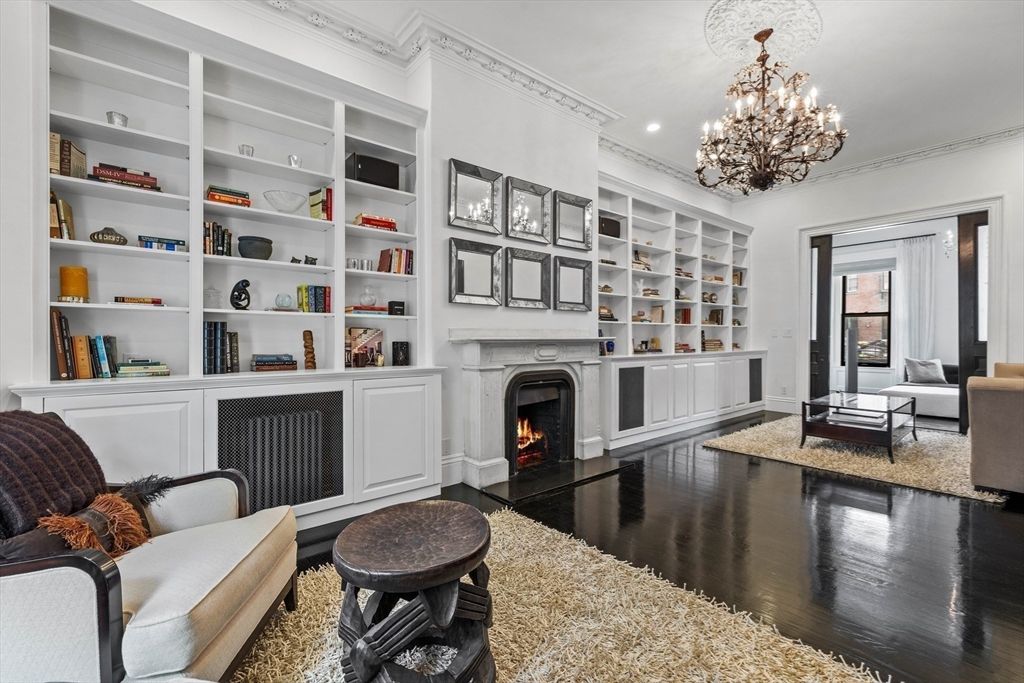 Chandelier, Fireplace, Interior, Living room, Recessed Lighting, Wood Texture Flooring