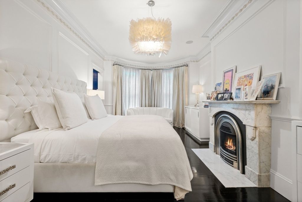 Bedroom, Chandelier, Fireplace, Interior, Wood Texture Flooring