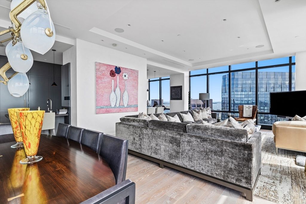 Dining room, Interior, Living room, Recessed Lighting, Wood Texture Flooring