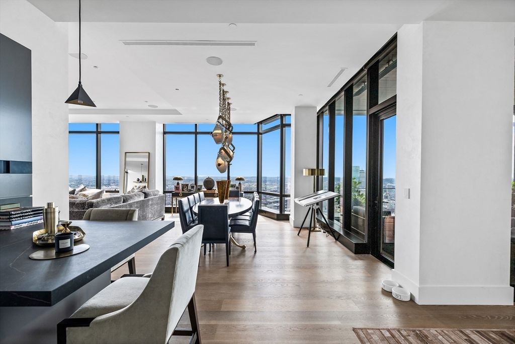 Dining room, Interior, Pendant Lights, Recessed Lighting, Water, Wood Texture Flooring