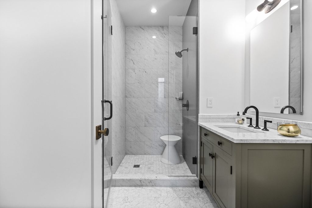 Bathroom, Glass Shower, Interior, Marble, Marble Walls, Recessed Lighting