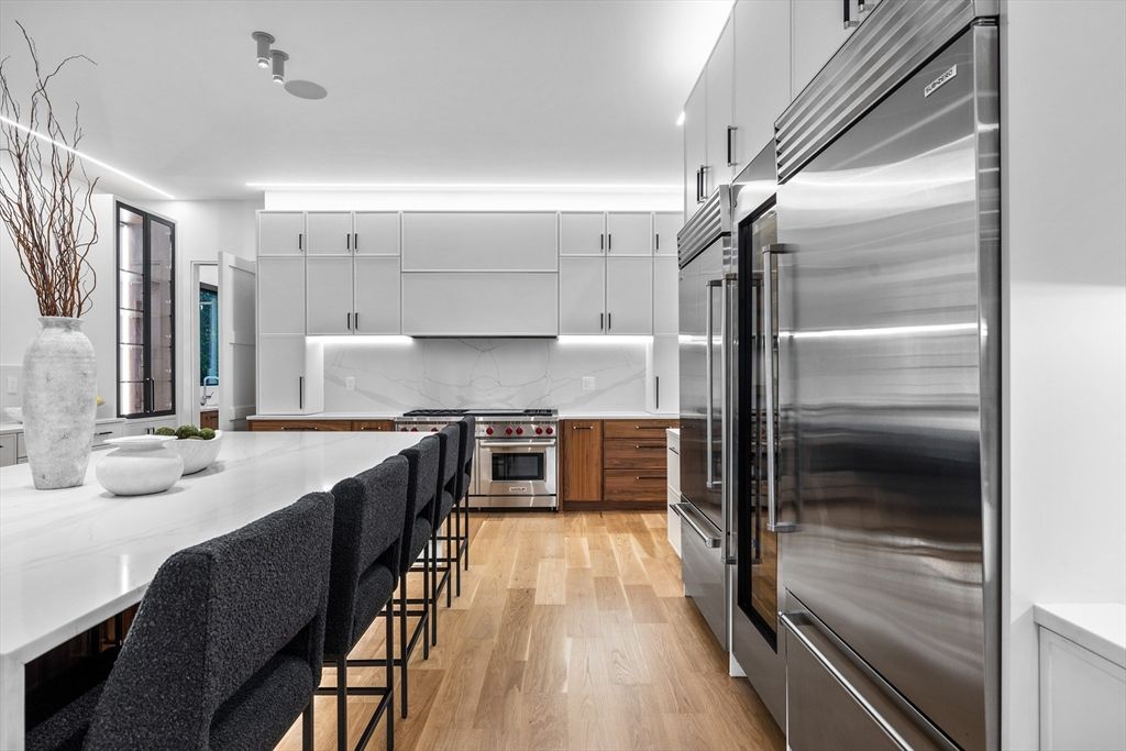 Interior, Kitchen, Marble Walls, Stainless Steel Appliances, Wood Texture Flooring