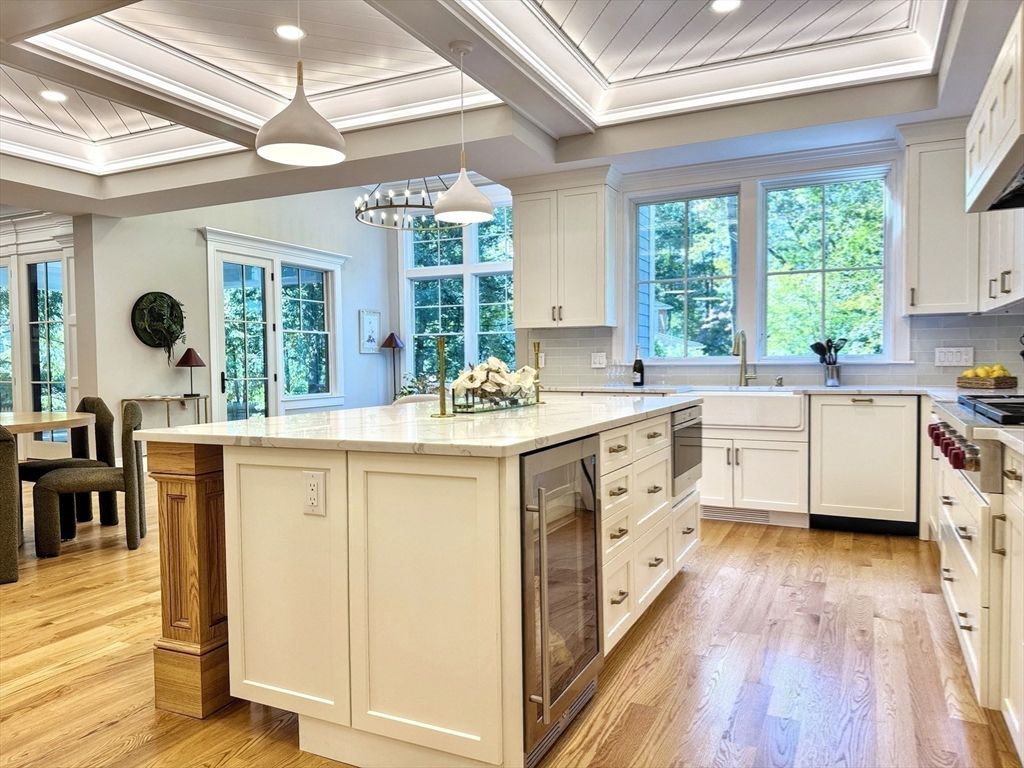 Interior, Kitchen, Pendant Lights, Recessed Lighting, Wooden Ceilings, Wood Texture Flooring