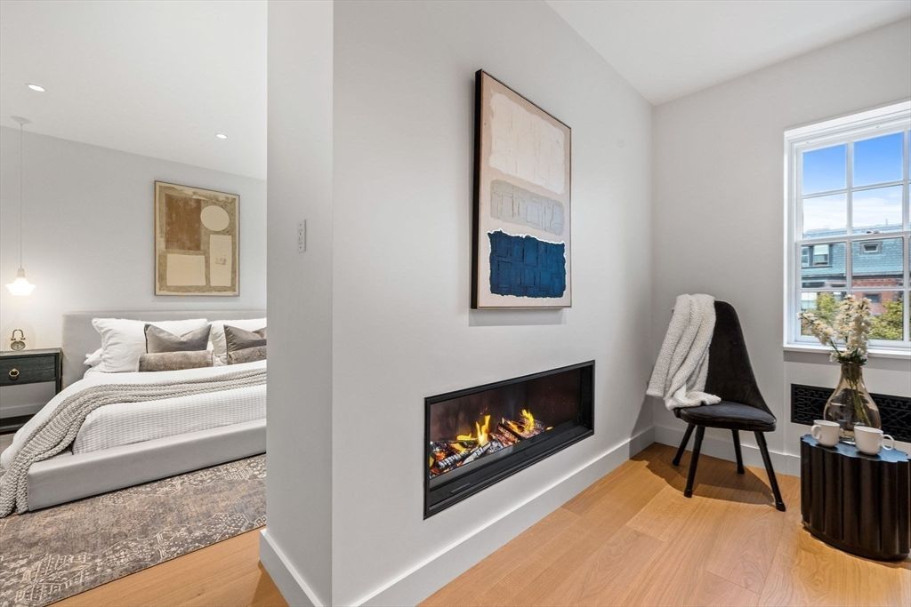 Bedroom, Fireplace, Interior, Recessed Lighting, Wood Texture Flooring