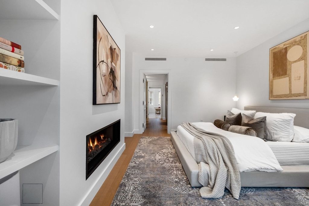 Bedroom, Fireplace, Interior, Recessed Lighting, Wood Texture Flooring