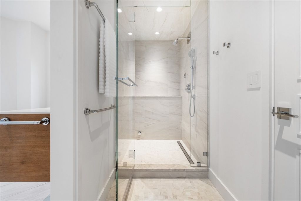 Bathroom, Glass Shower, Interior, Marble Walls, Recessed Lighting