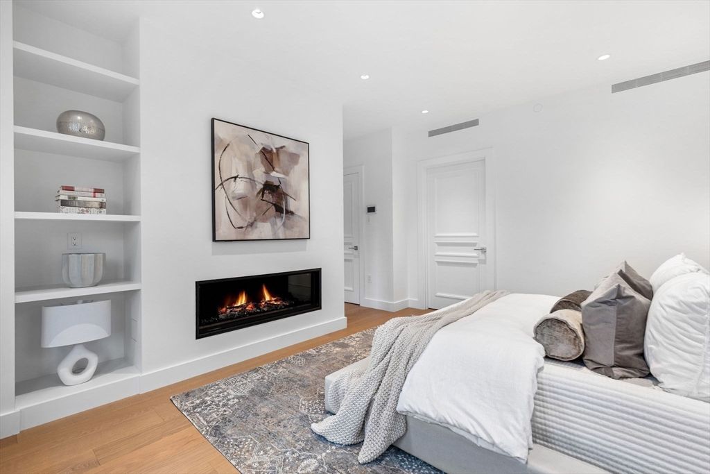 Bedroom, Fireplace, Interior, Recessed Lighting, Wood Texture Flooring