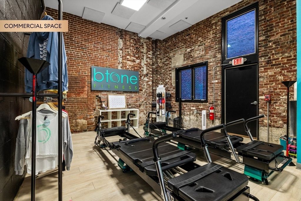 Fitness Equipment, Interior, Recessed Lighting, Stone Walls, Wood Texture Flooring