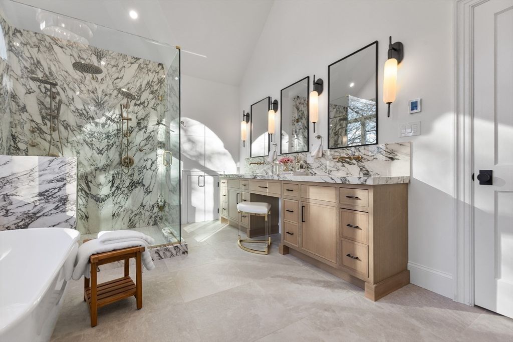 Bathroom, Dual Sink Vanities, Interior, Marble Walls, Recessed Lighting
