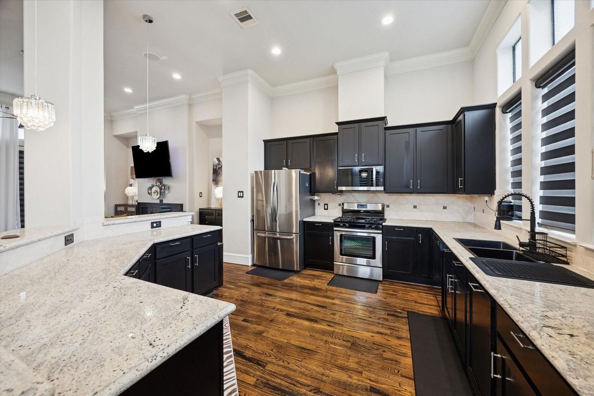Interior, Kitchen, Pendant Lights, Recessed Lighting, Stainless Steel Appliances, Wood Texture Flooring