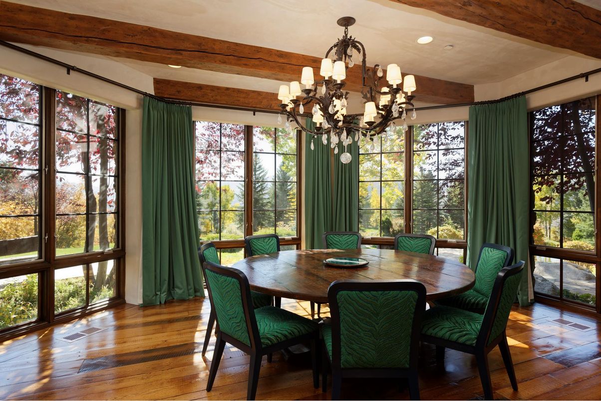 Chandelier, Dining room, Interior, Recessed Lighting, Wooden Beams, Wood Texture Flooring
