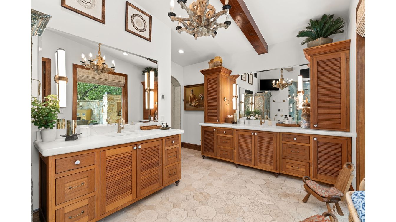 Bathroom, Chandelier, Dual Sink Vanities, Interior, Recessed Lighting, Wooden Beams