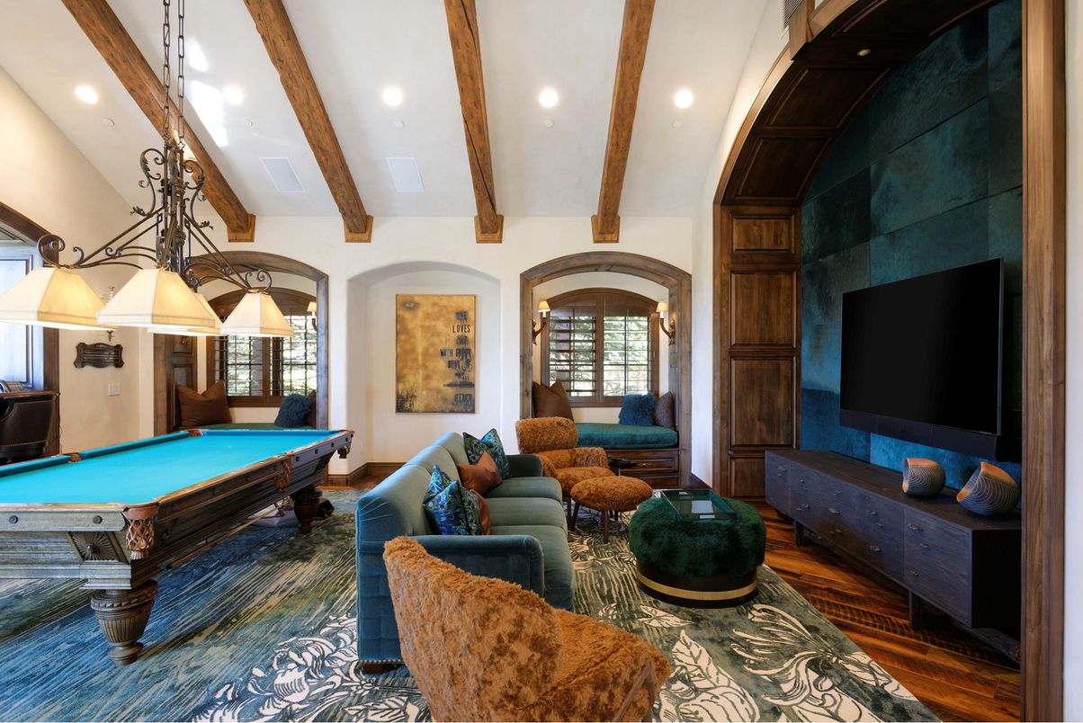 Billiard Table, Game Room, Interior, Living room, Recessed Lighting, Wooden Beams, Wood Texture Flooring