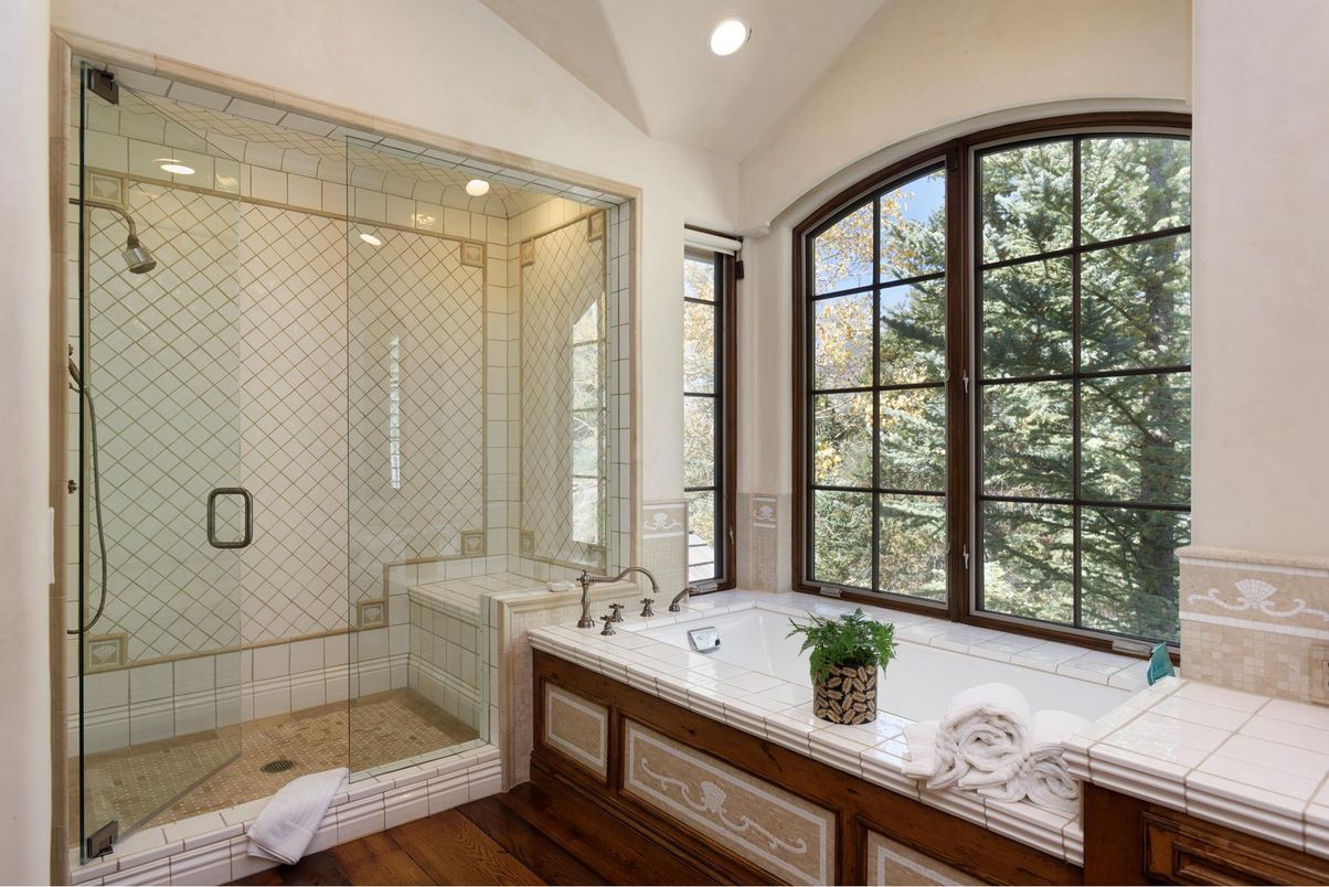 Bathroom, Glass Shower, Interior, Recessed Lighting, Tile Countertops, Wood Texture Flooring