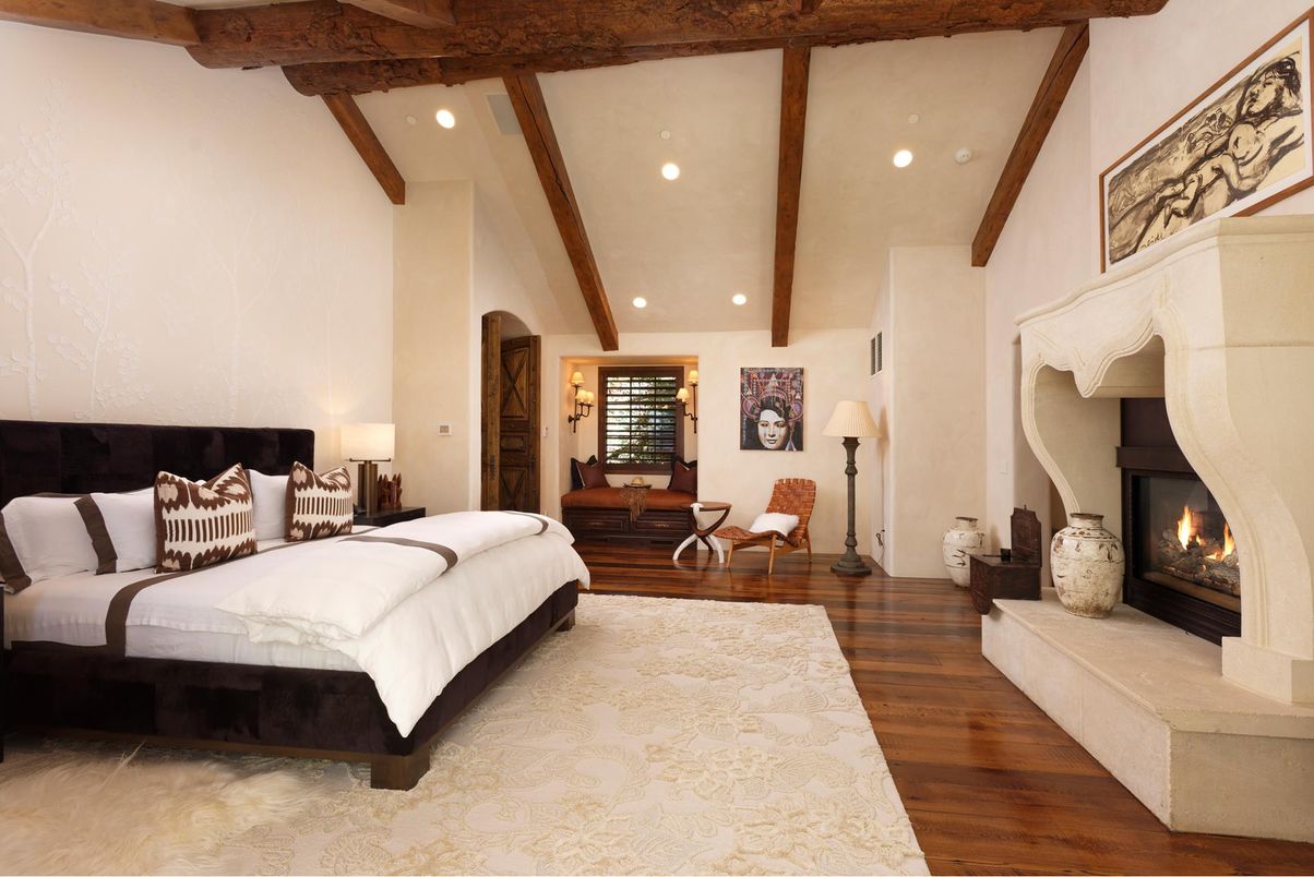 Bedroom, Fireplace, Interior, Recessed Lighting, Wooden Beams, Wood Texture Flooring