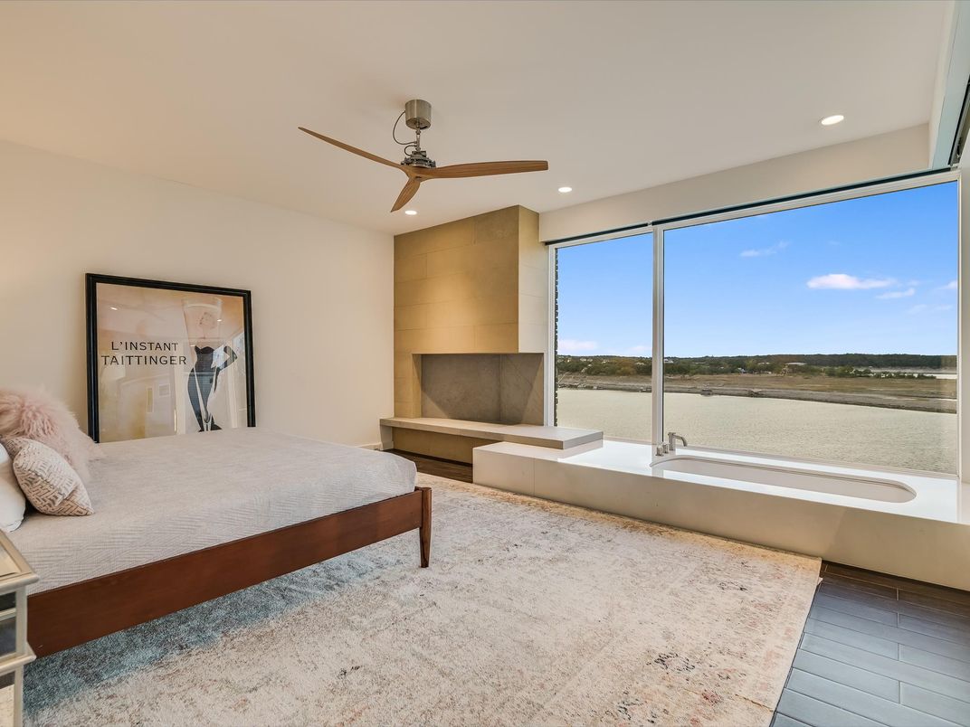 Bedroom, Interior, Recessed Lighting, Water, Wood Texture Flooring