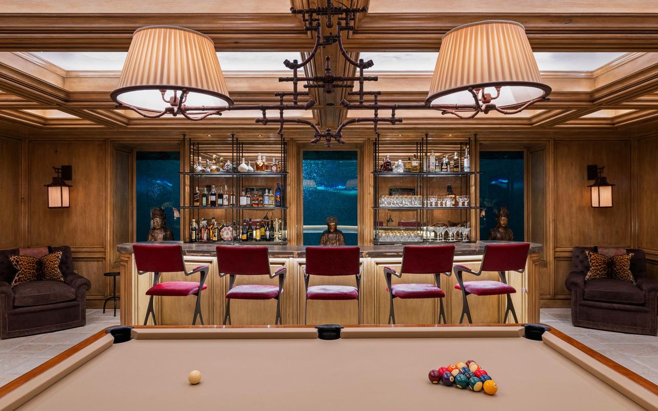 Billiard Table, Chandelier, Game Room, Interior, Wooden Walls