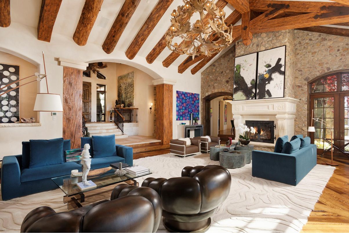 Chandelier, Fireplace, Interior, Living room, Stone Walls, Wooden Beams, Wood Texture Flooring