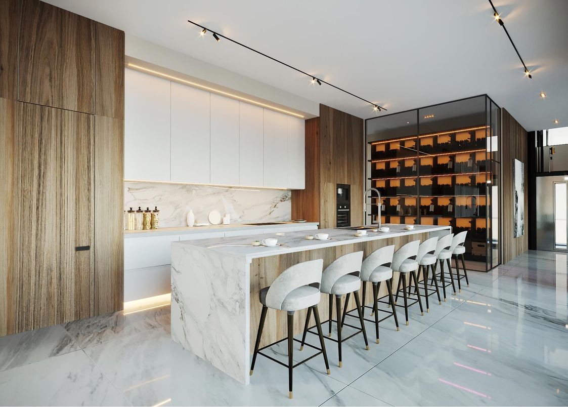 Interior, Kitchen, Marble, Marble Walls, Recessed Lighting, Stainless Steel Appliances