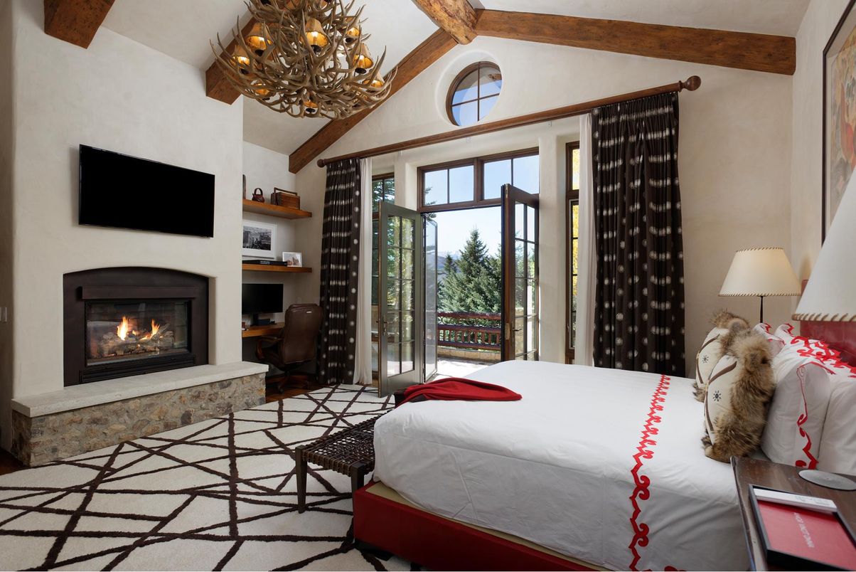 Bedroom, Chandelier, Fireplace, Interior, Wooden Beams