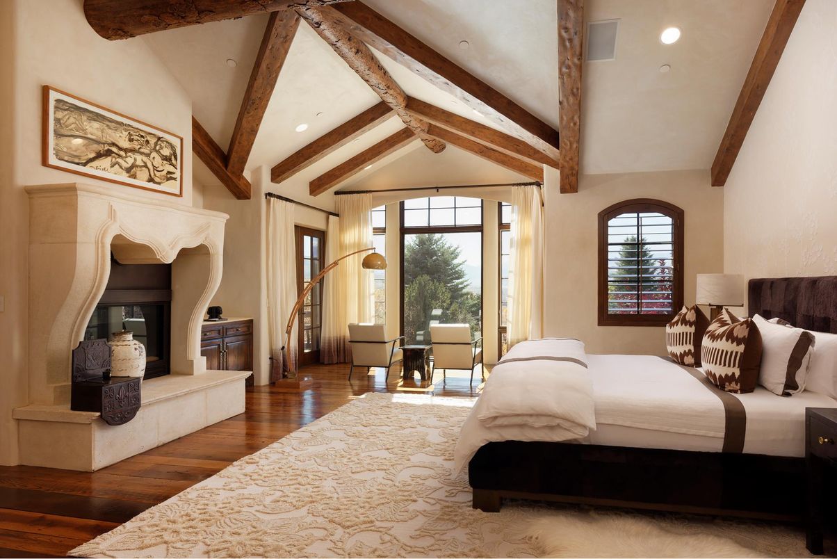 Bedroom, Fireplace, Interior, Recessed Lighting, Wooden Beams, Wood Texture Flooring