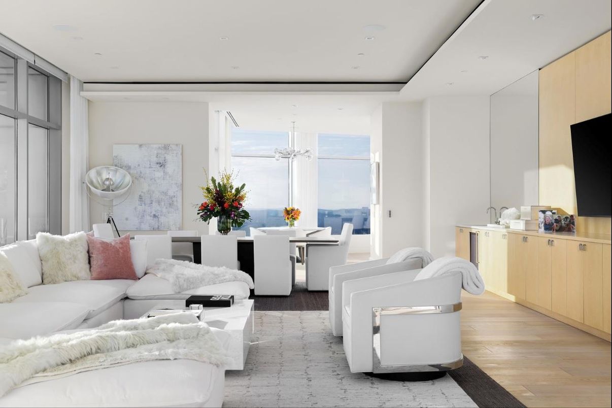 Dining room, Interior, Living room, Recessed Lighting, Wood Texture Flooring