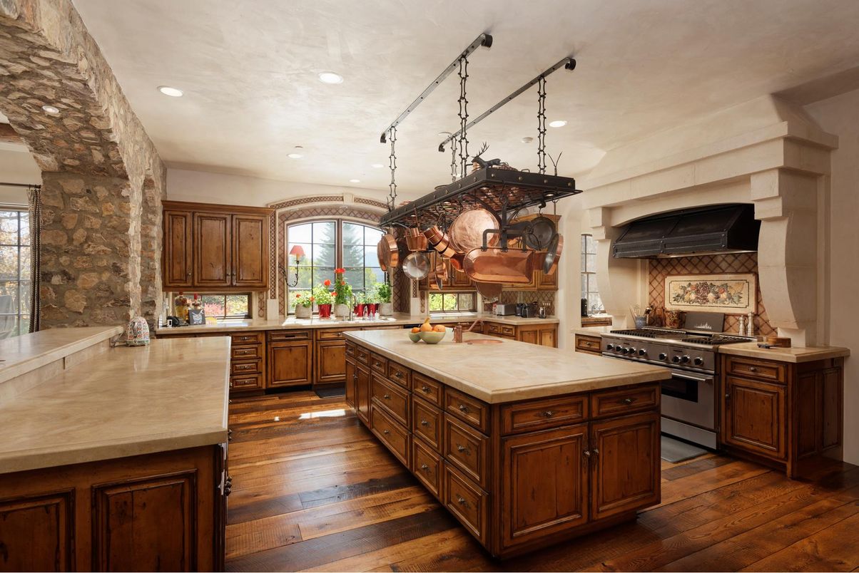 Chandelier, Interior, Kitchen, Pendant Lights, Recessed Lighting, Stainless Steel Appliances, Stone Walls, Wood Texture Flooring