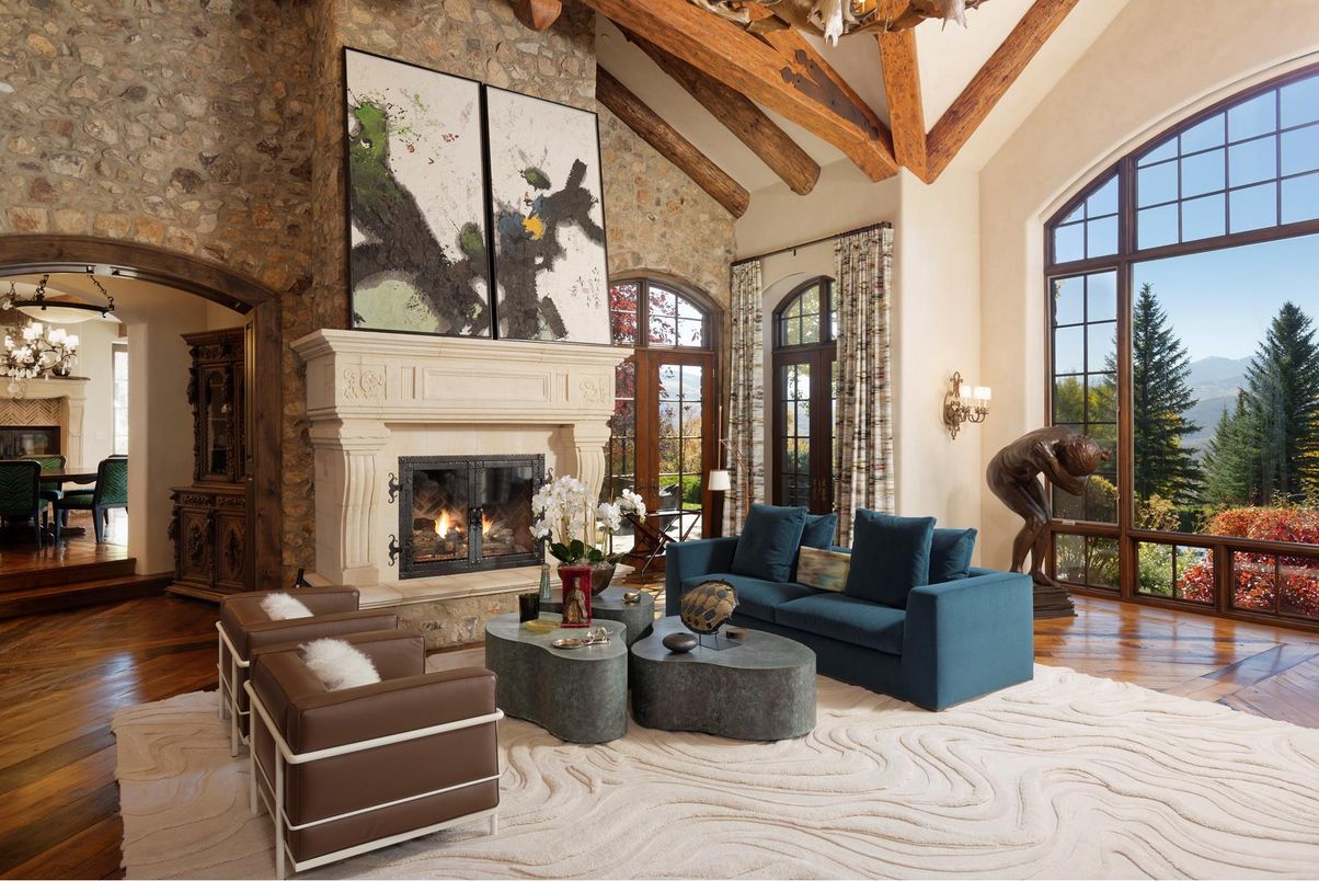 Chandelier, Fireplace, Interior, Living room, Wooden Beams, Wood Texture Flooring