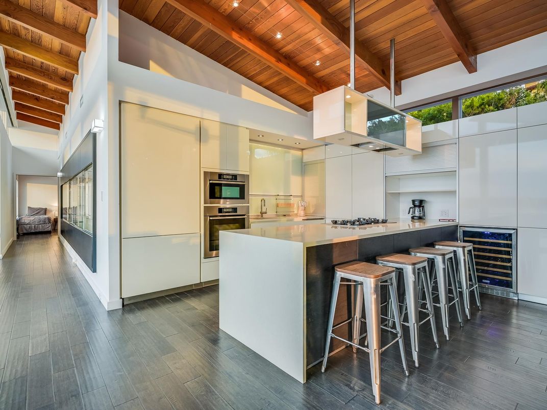 Interior, Kitchen, Recessed Lighting, Stainless Steel Appliances, Wooden Beams, Wooden Ceilings, Wood Texture Flooring