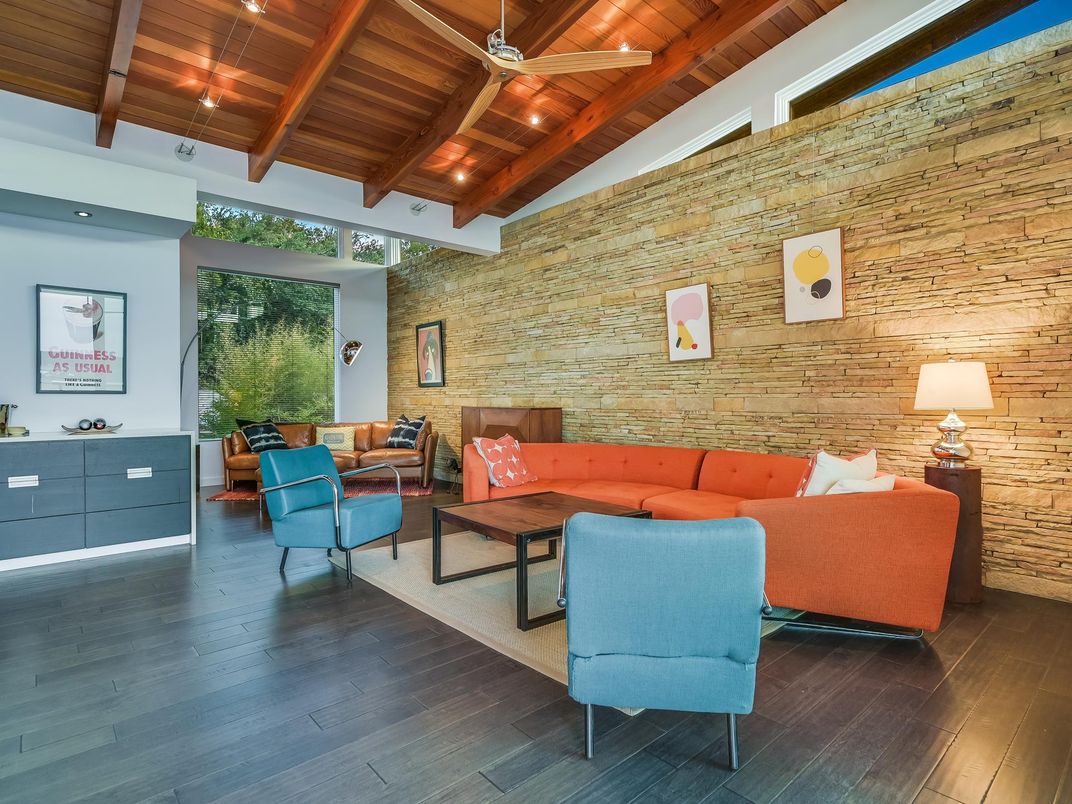 Interior, Living room, Recessed Lighting, Stone Walls, Wooden Beams, Wooden Ceilings, Wood Texture Flooring