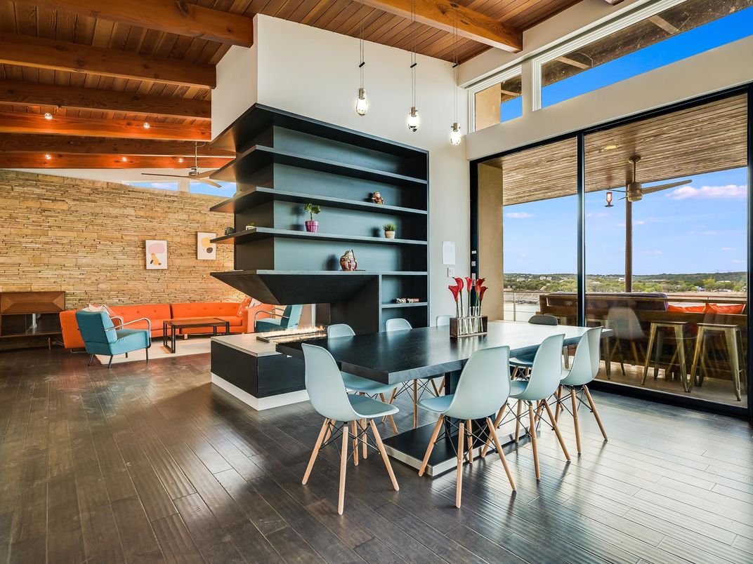Dining room, Interior, Pendant Lights, Stone Walls, Wooden Beams, Wooden Ceilings, Wood Texture Flooring