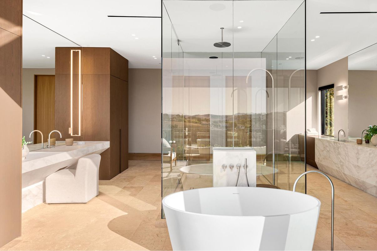 Bathroom, Free Standing Baths, Glass Shower, Interior, Recessed Lighting