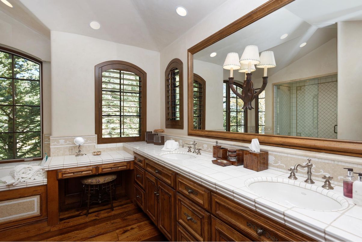 Bathroom, Dual Sink Vanities, Interior, Recessed Lighting, Tile Countertops, Wood Texture Flooring
