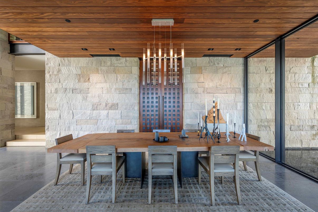 Dining room, Interior, Pendant Lights, Stone Walls, Wooden Ceilings
