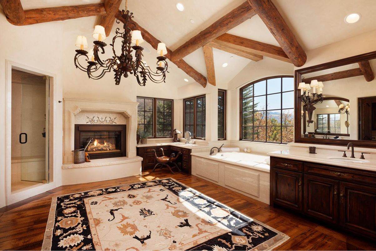 Bathroom, Chandelier, Dual Sink Vanities, Fireplace, Interior, Recessed Lighting, Wooden Beams, Wood Texture Flooring