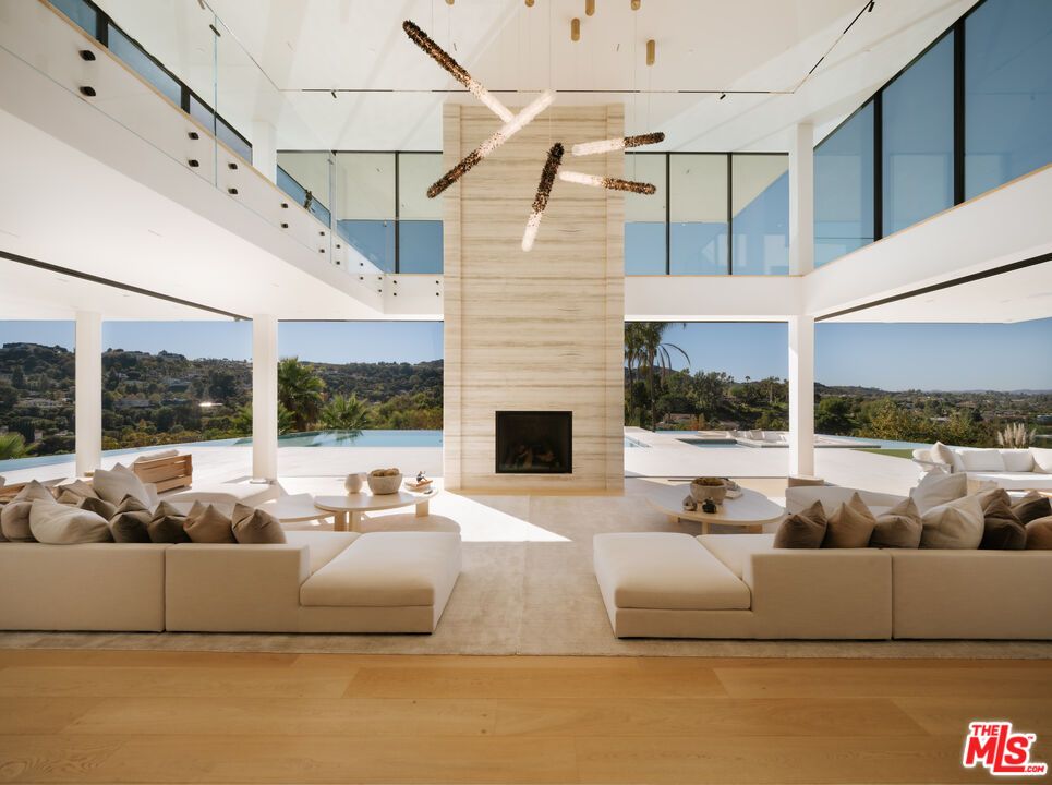 Fireplace, Interior, Living room, Pendant Lights, Water, Wood Texture Flooring