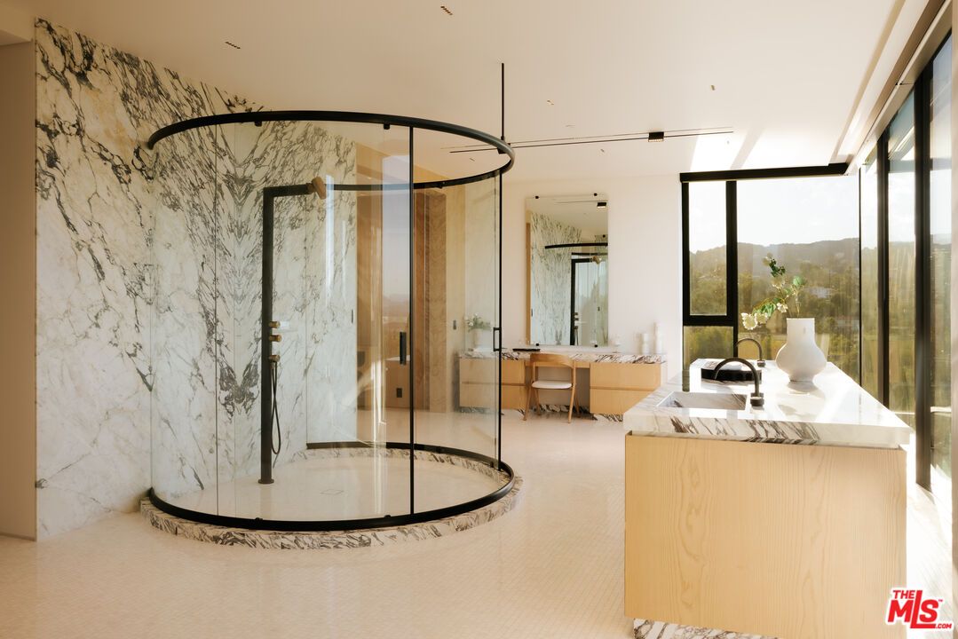 Bathroom, Glass Shower, Interior, Marble Walls, Recessed Lighting