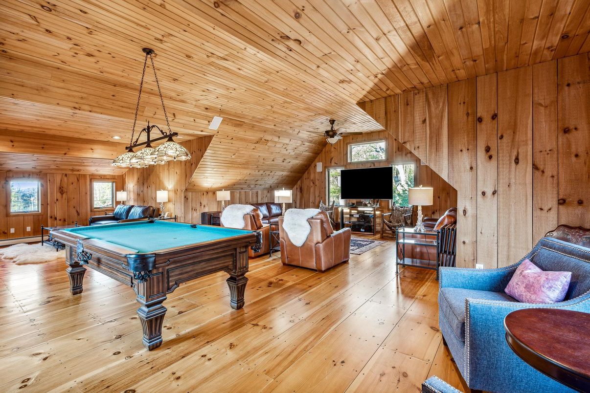 Billiard Table, Chandelier, Game Room, Interior, Living room, Wooden Ceilings, Wood Texture Flooring, Wooden Walls