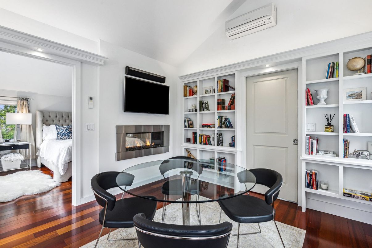 Bedroom, Fireplace, Home Office, Interior, Recessed Lighting, Wood Texture Flooring