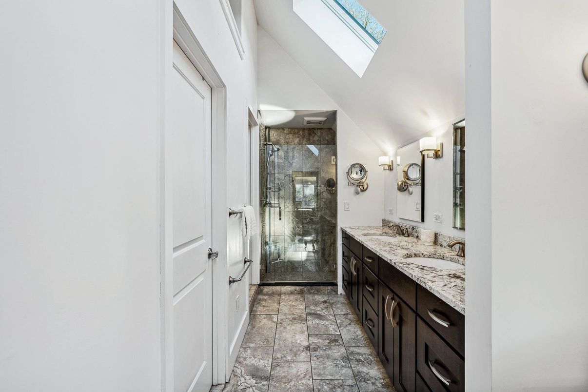Bathroom, Dual Sink Vanities, Glass Shower, Interior, Stone Walls