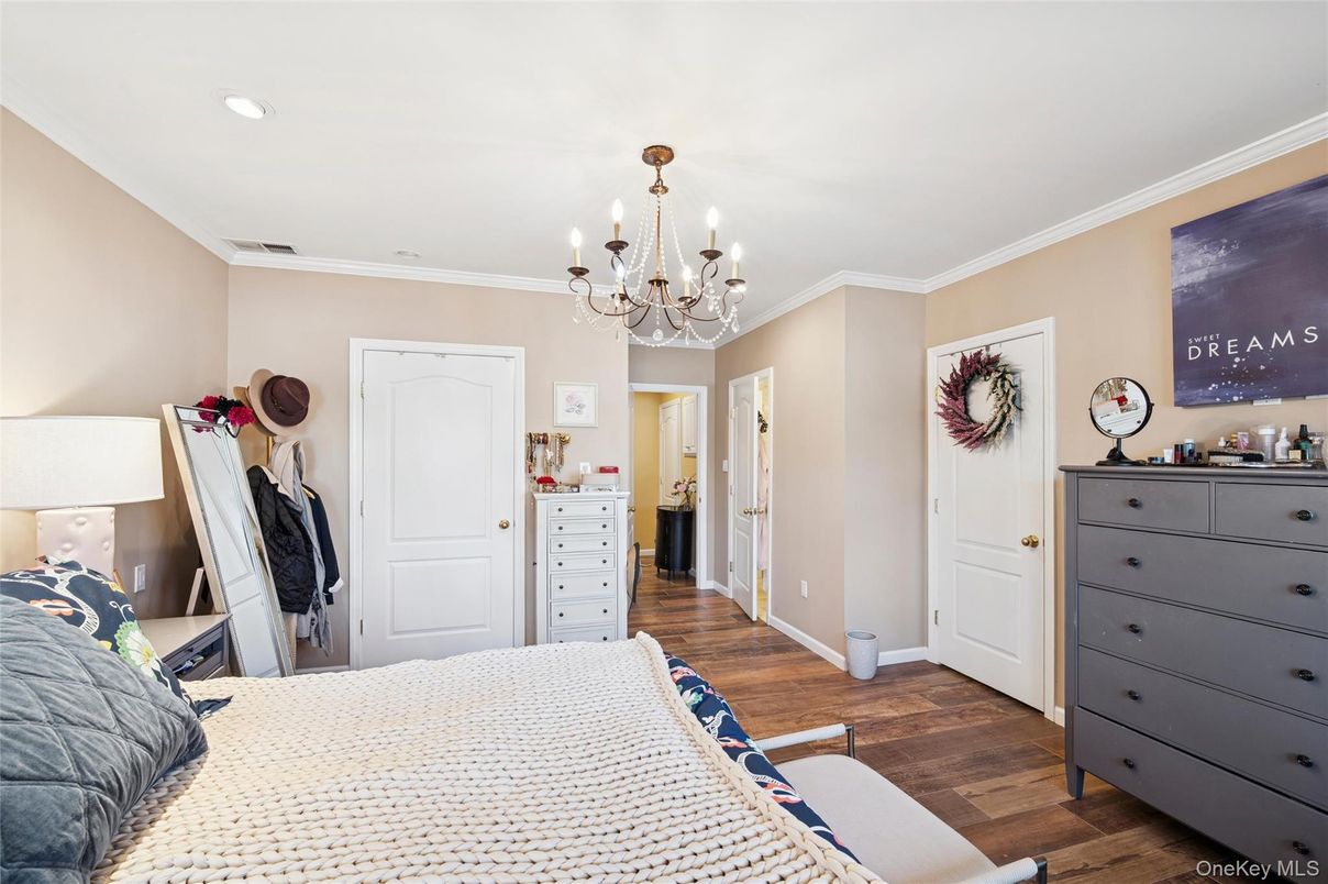 Bedroom, Chandelier, Interior, Recessed Lighting, Wood Texture Flooring