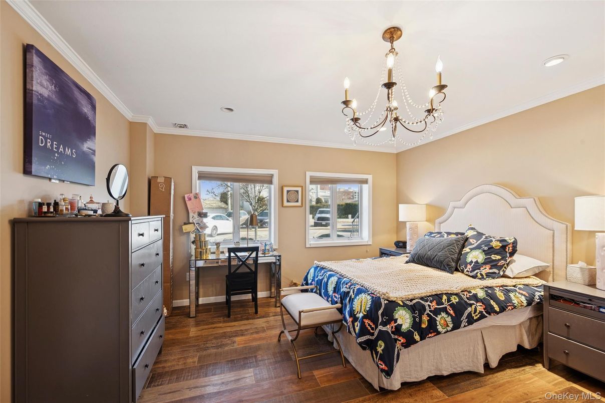 Bedroom, Chandelier, Interior, Recessed Lighting, Wood Texture Flooring
